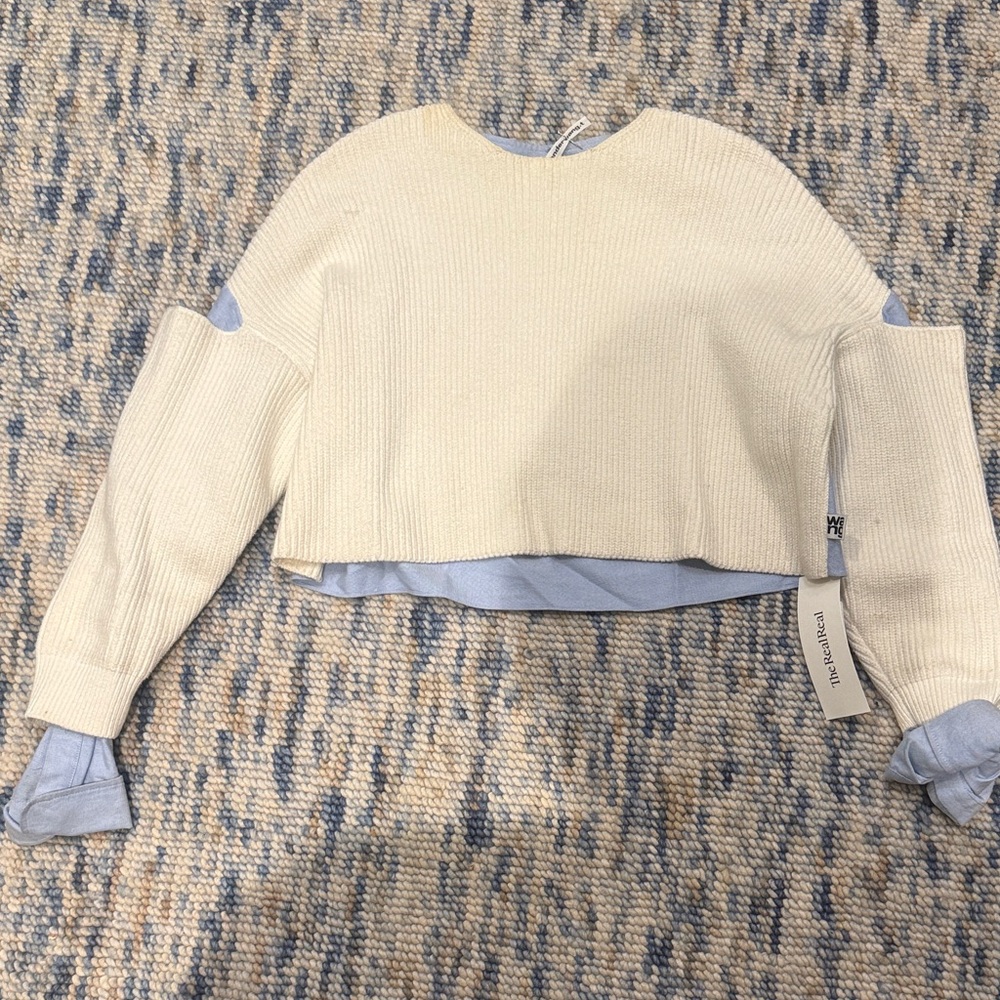 Cream and Blue Sweater with Cut-Out Sleeves